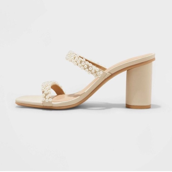 Ivory white & tan pearl embellished beaded strappy open toe heeled sandals heels - Picture 6 of 6